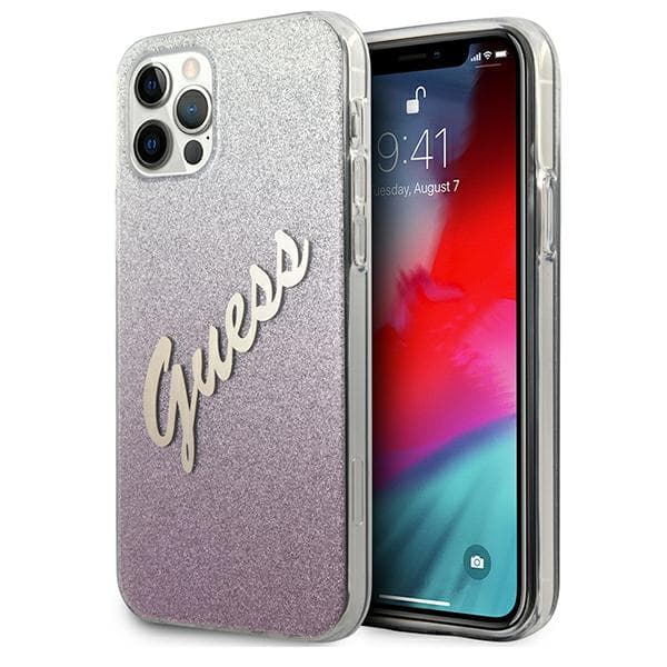 Guess Glitter Gradient Script -suojakuori iPhone 12 Pro Maxille, pinkki