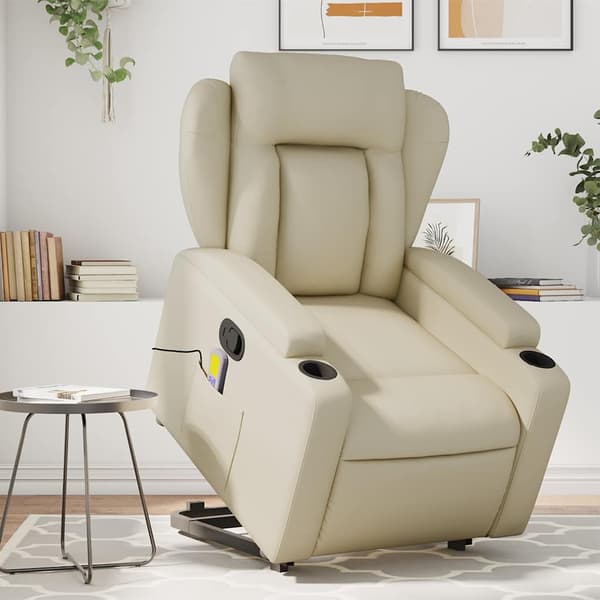 vidaXL Lyftbar massagefåtölj, krämfärgad, konstläder