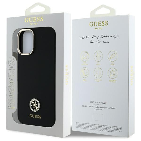 Guess Silikone Logo Strass 4G Etui til iPhone 16, Sort