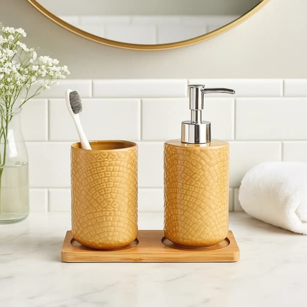 Badrumsset: dispenser och mugg med stativ CAMEL