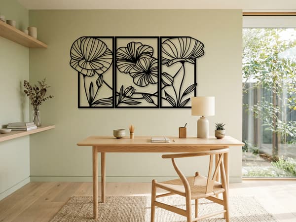 STOR VÄGGDEKORATION "3D-BLOMMOR TRIPTYK" + EXTRA 3D-BLOMMOR TABLETTER 150 X 80 CM