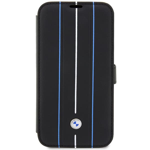 BMW Læder Flip-etui med Stamp og Blå Linjer til iPhone 14 Pro, Sort