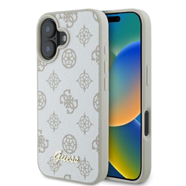 Guess Peony Script Logo MagSafe-cover til iPhone 16, hvid