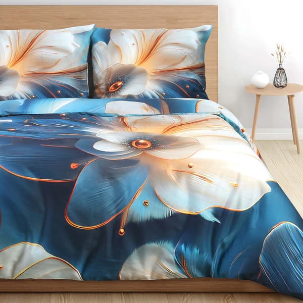 Bäddset 220x200 SATIN BOMULL digitaltryck blommor blå bakgrund