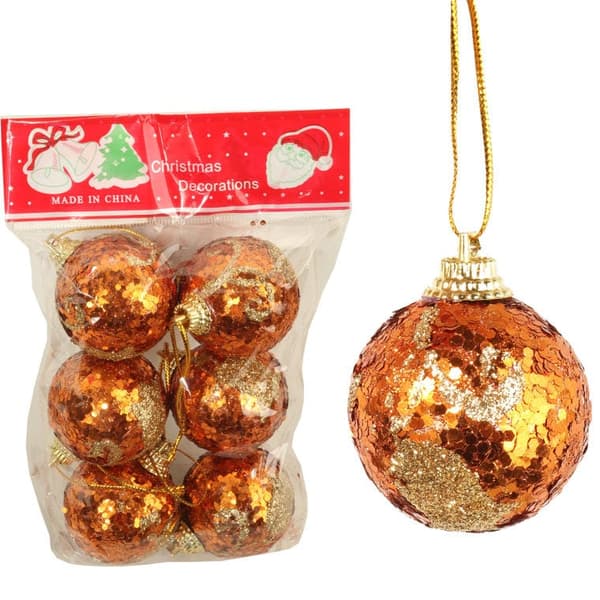 Set med 6 orangea glitterkulor 6 cm
