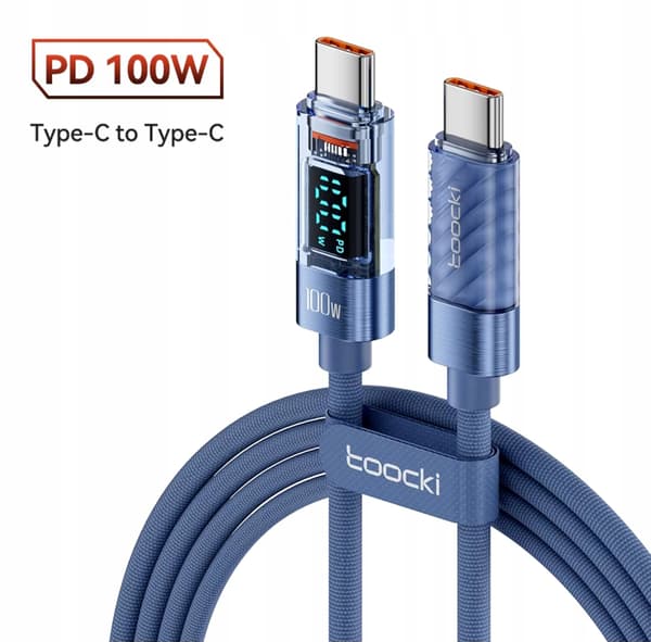 TOOCKI Blå USB C til C Kabel 1 Meter 100W PD QC + LCD Wattmeter 100cm