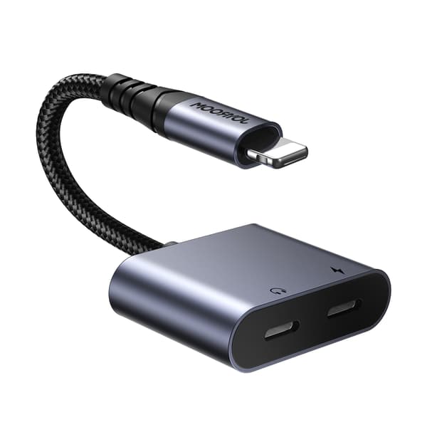 2in1-sovitin iPhonen laturille + Lightning-kuulokkeille / 2x Lightning, musta