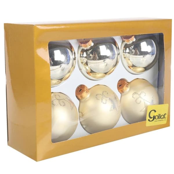Set med 6 eleganta krämfärgade glaskulor med silverglitter 8 cm