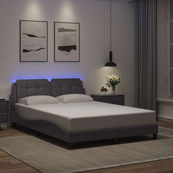 vidaXL sengestel med LED-lys grå 140x200 cm kunstlæder