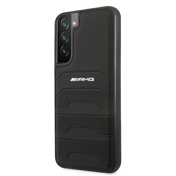AMG lædercover med prægede linjer og sort logo til Galaxy S22+, sort