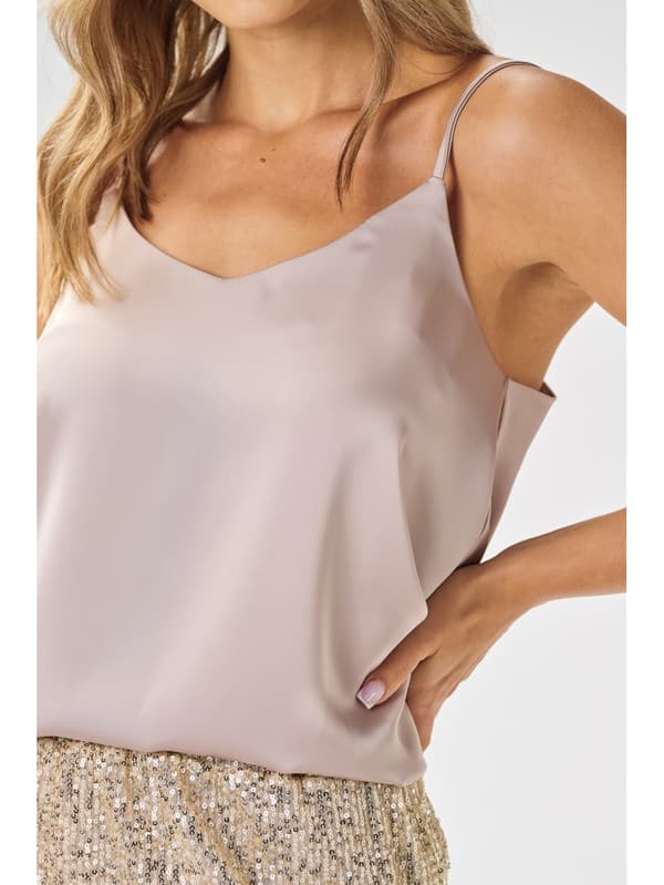 Satin top med V-hals og stropper - beige S