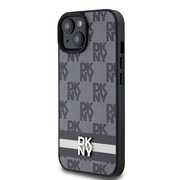 DKNY Læderetui med Ternet Monomønster og Trykte Striber til iPhone 15 Plus, Sort