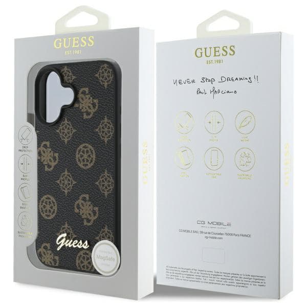 Guess Peony Script MagSafe -suojakuori iPhone 16:lle, musta