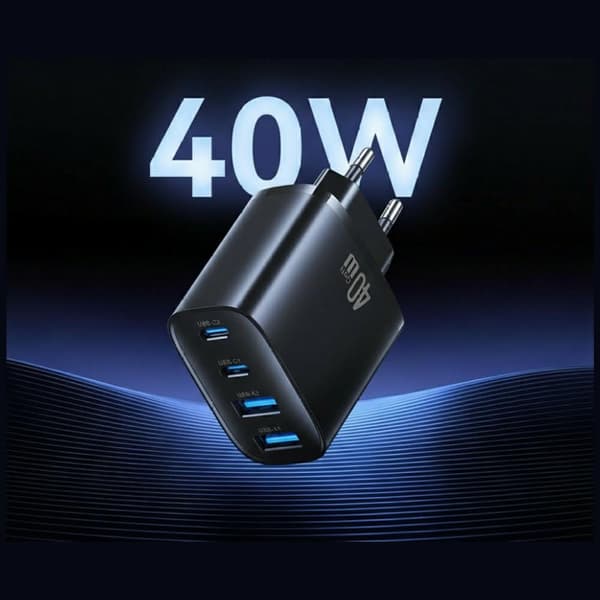 USAMS T70 40W Väggladdare 2xUSB-A/2xUSB-C Svart