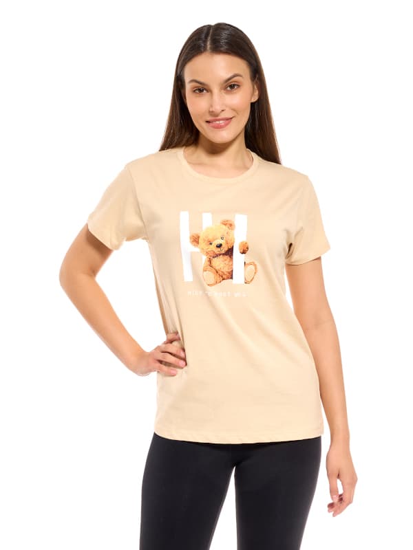 Dam kortärmad t-shirt beige bomull mönstrad M