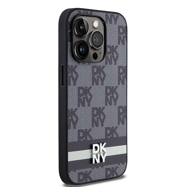 DKNY Læderetui med Ternet Monomønster og Trykte Striber til iPhone 14 Pro, Sort