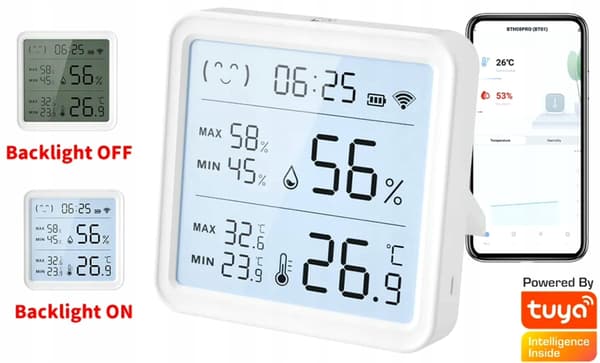 Tuya TH08Pro Bluetooth-sensor, stor LCD-skärm, temperatur och luftfuktighet, klocka