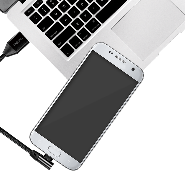 USB 2.0 -kaapeli Androidille, USB-A/M - Micro-USB/M (90°), metalli, musta, 1m
