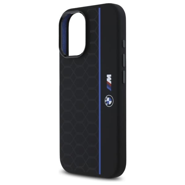 BMW Silikone Hexagon Blue Line MagSafe-etui til iPhone 16, Sort