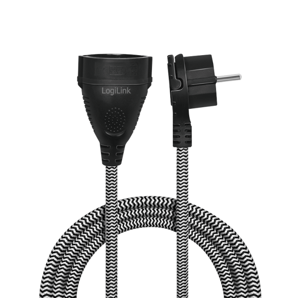 LogiLink forlængerkabel, 3m, vinklet stik, tekstil CEE 7/7