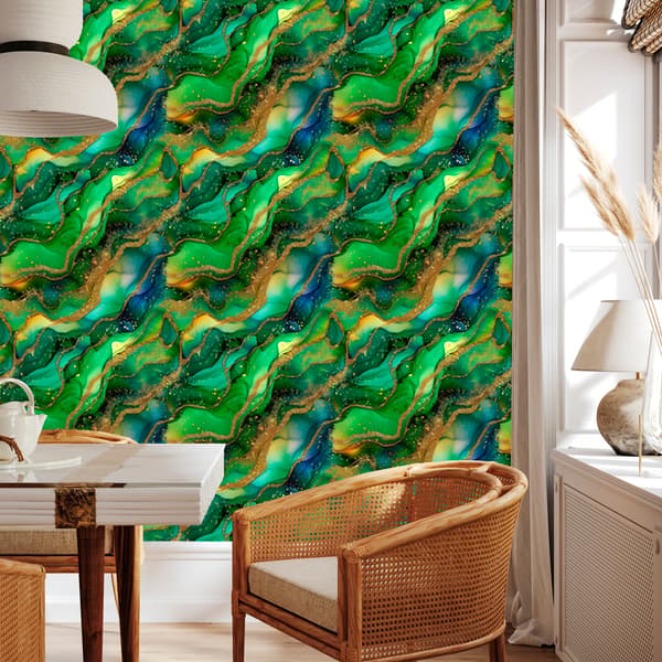 Musteenvihreä, pullonvihreä, merenvihreä ja keltainen tapetti 50x1000 cm