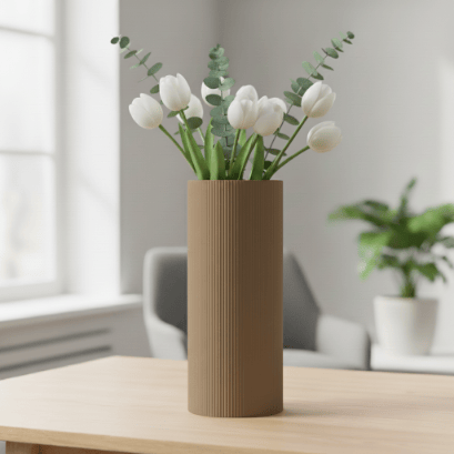 Dekorativ cylindrisk brun vas för blommor, klassisk form, elegant