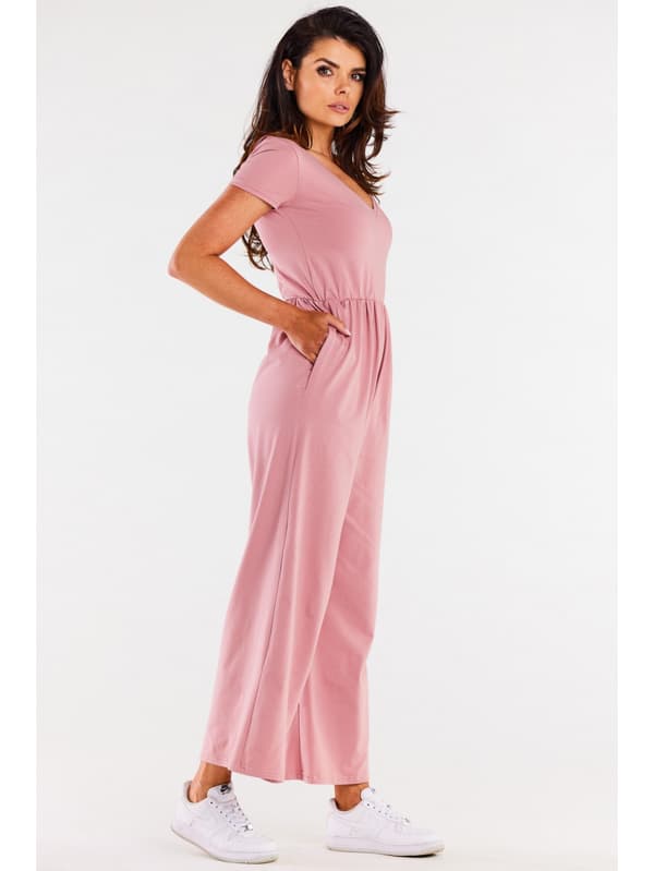 Bomullsjumpsuit med vida ben och V-ringning, Rosa S