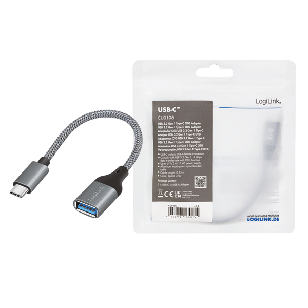 Logilink USB-C - USB-A -sovitin, OTG 3.2 Gen1, 5 Gbit/s, 15 cm, alumiini