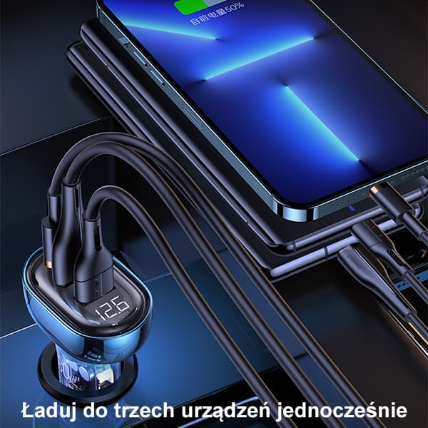 USAMS Billaddare 2xUSB+1xUSB-C 80W Snabbladdning Blå