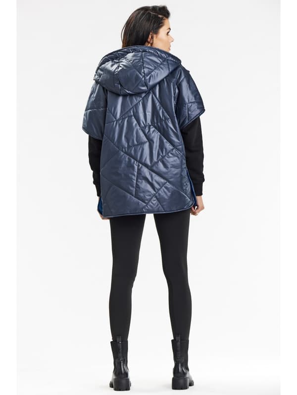 Kimono vest med hætte, trykknapper, marineblå S/M