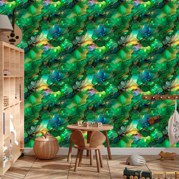 Musteenvihreä, pullonvihreä ja merensininen tapetti 50x1000 cm
