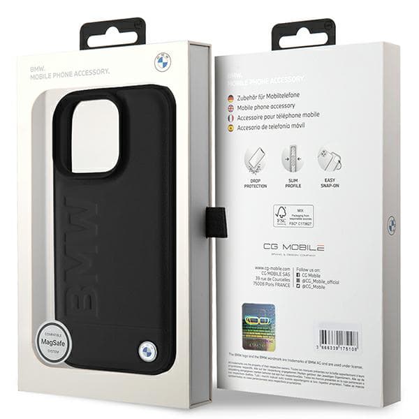 BMW Læder Hot Stamp MagSafe-etui til iPhone 16 Pro Max, Sort