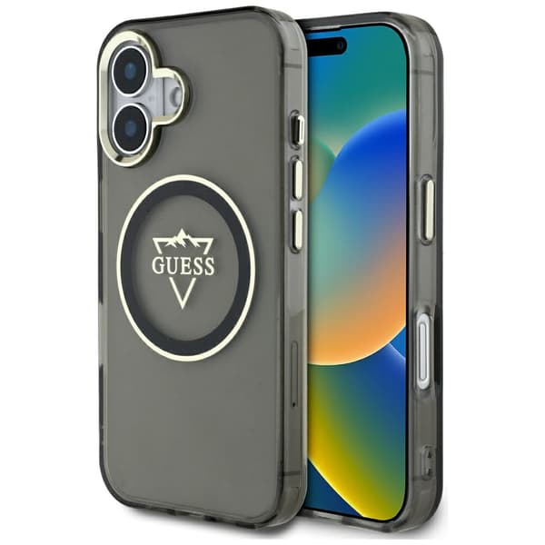 Guess IML Metal Mountain Logo MagSafe-etui til iPhone 16, sort