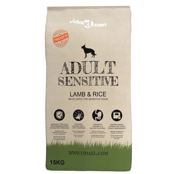 vidaXL tørfoder til hunde, voksent sensitivt lam og ris, 15 kg