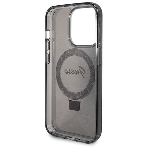 Guess Ring Stand Script Glitter MagSafe -kotelo iPhone 14 Prolle, musta