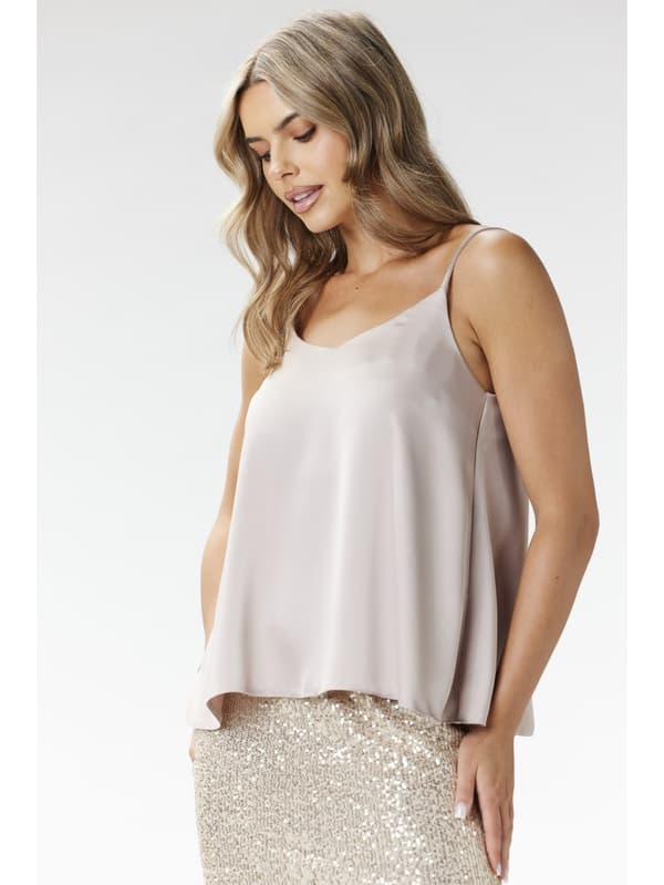 Satin top med V-hals og stropper - beige S
