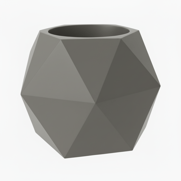 Hängande blomkruka med ett grått geometriskt växtskydd