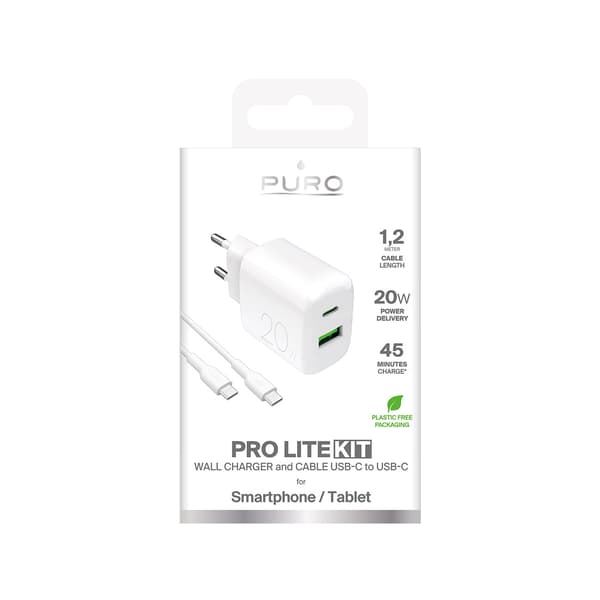 USB-A USB-C 20W väggladdare med 1,2m USB-C-kabel - Vit