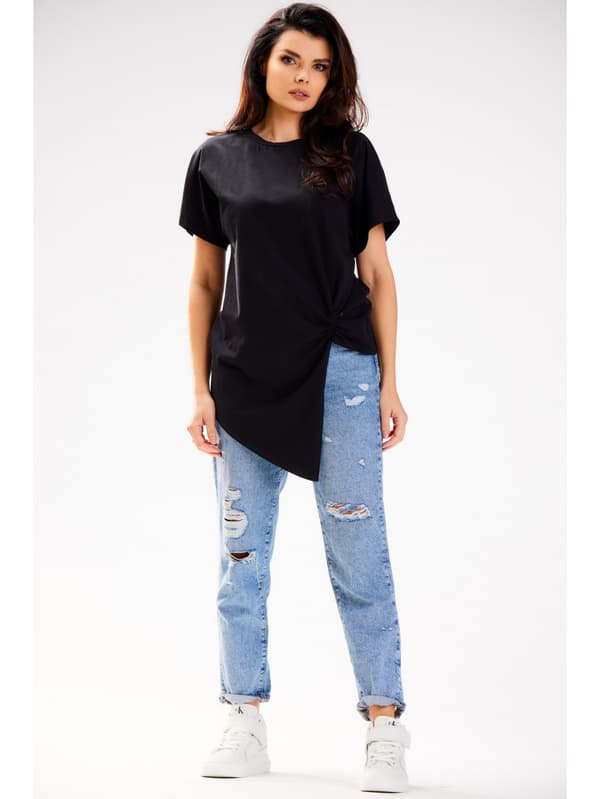 Asymmetrisk bomuldsbluse med korte ærmer, sort L/XL