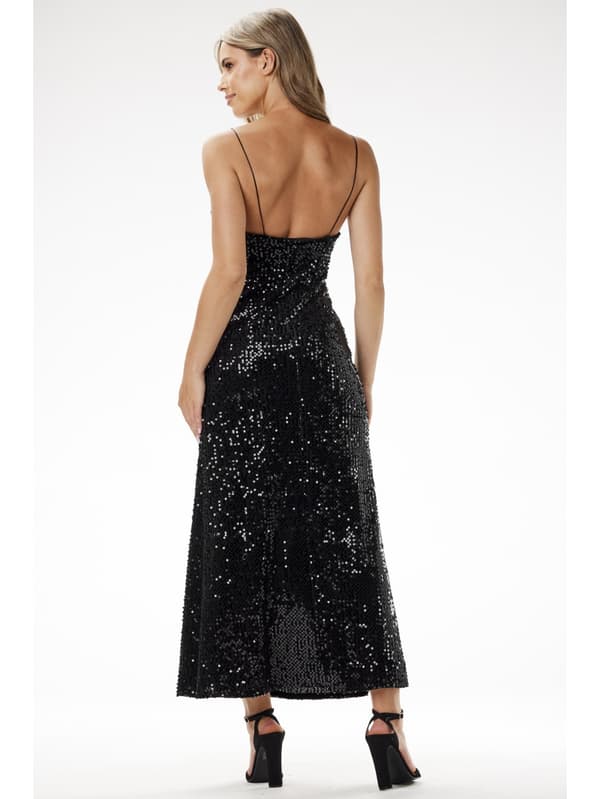 Paillette maxi aftenkjole med stropper, sort XL