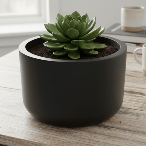 Rund sort urtepotte i minimalistisk stil