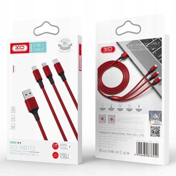 USB - USB typ C / microUSB / Lightning-kabel 1,2 m röd XO 3in1