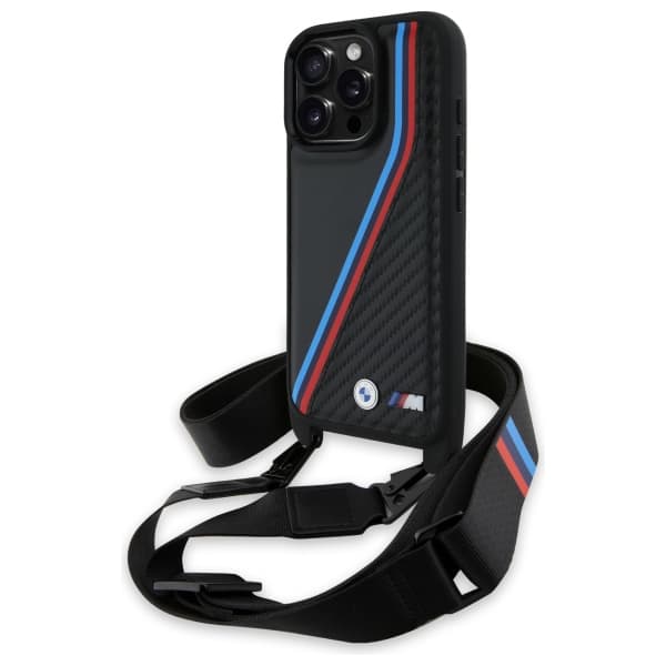 BMW M Edition Carbon Tricolor Lines & Strap Cover til iPhone 16 Pro Max, Sort