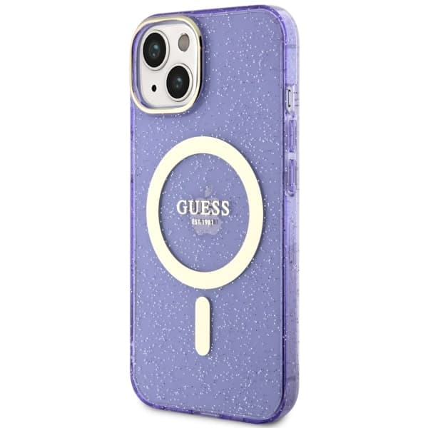 Guess Glitter Gold MagSafe-etui til iPhone 14 Plus, lilla