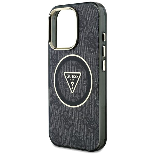 Guess IML Metal Glitter 4G Circle Triangle MagSafe-etui til iPhone 16 Pro, sort