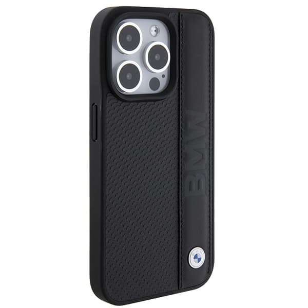BMW Læderetui med Tekstur og Striber til iPhone 15 Pro, Sort