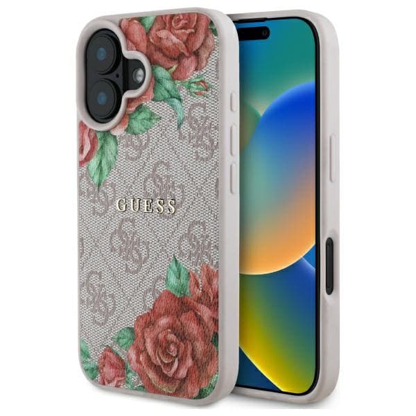 Guess 4G Blomsterprint MagSafe-etui til iPhone 16, lyserød