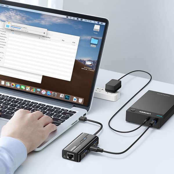 HUB Netværksadapter USB-A - RJ45 1000 Mbps / 3x USB 3.0 sort