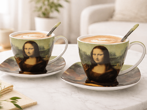 Mona Lisa porslinskoppar och fat, set om 2 - presentset