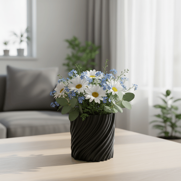 Moderne bølget sort urtepotte til planter, snoet form